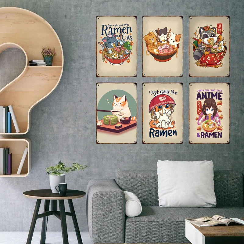 Japanese Anime Ramen Metal Signage Tin Painting Cute Panda Animal Retro Poster Home Living Children\'s Room Wall Art Decor Mural