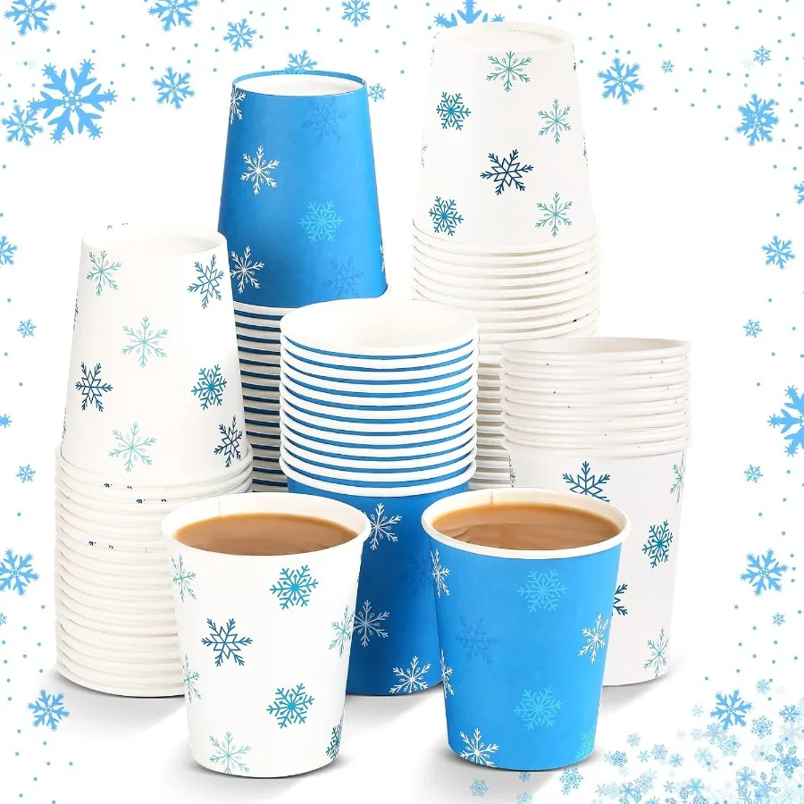100 Pieces Christmas Paper Cups Xmas Disposable Coffee Snowflake Santa Snowman Elk Lights Cups 9 Ounce Drinking Tea Paper for D