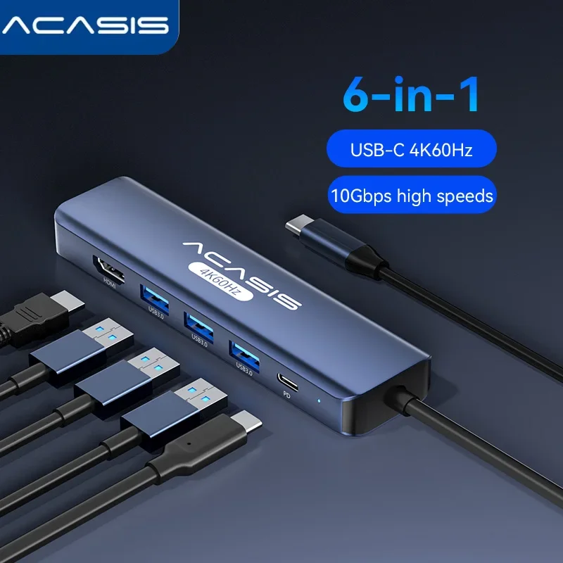 

ACASIS 4K@60Hz USB-C Hub, 6-in-1 Docking Station with HDMI, 100W PD, USB 3.0 - For Laptop/MacBook/Windows, Portable Adapter