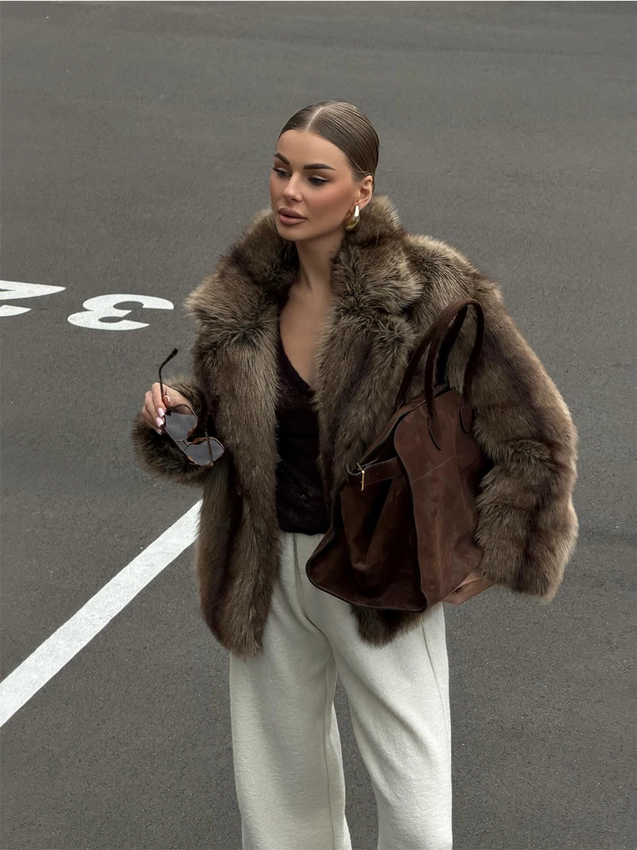 Premium Dark Brown Faux Fox Fur Oversize Coat Thick Warm Winter Fluffy Lapel Collar Outwear Fashion Vintage Old Money Outfit