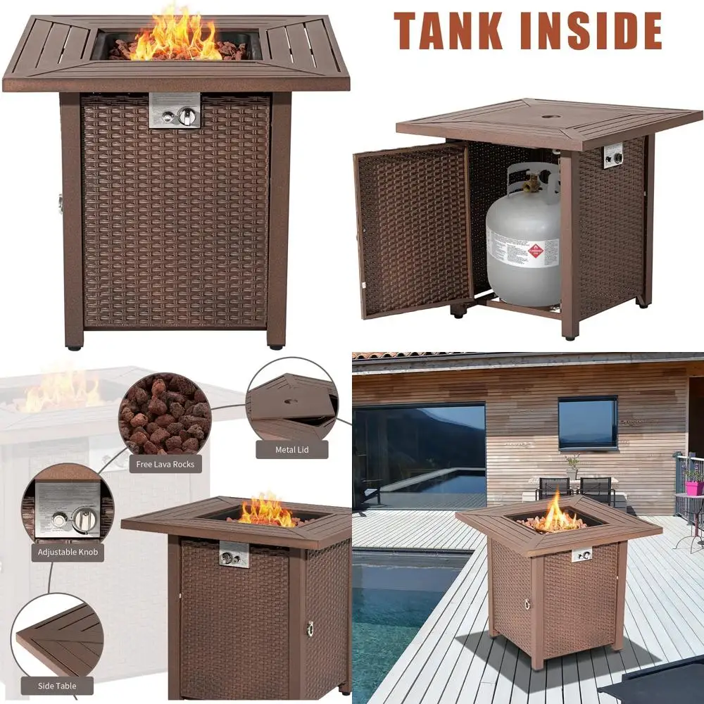 

SUNBURY 28 Outdoor Propane Fire Pit Table with 40,000 BTU Auto-Ignition, Brown Rattan Style Companion