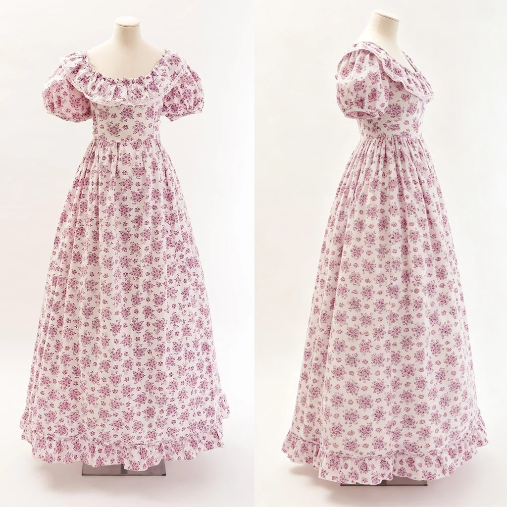 

Victorian Princess French Puff Sleeve Printed Dress Women Vintage Civil War Pink Dress High Waistline Regency Tea Party Dress