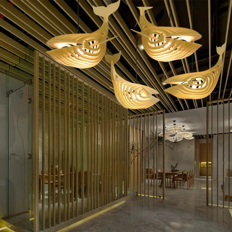 Japanese Personality LED Pendent Lamp Creative Wooden Art Whale LED Lights Restaurant Living Room Children Room Study Chandelier