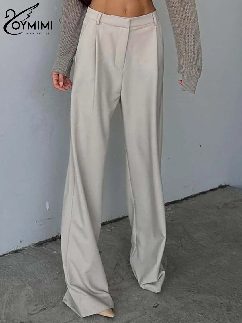 Oymimi Fashion Apricot Straight Women\'s Pants Elegant Low Waist Full Length Pants Spring Summer Simple Solid Trousers Streetwear