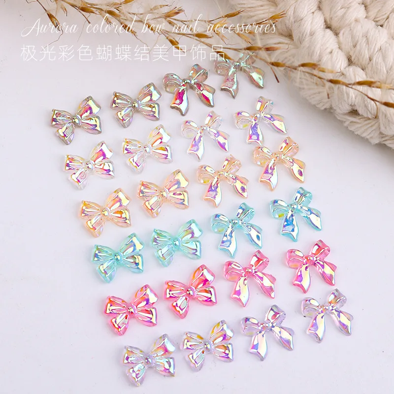 New 100PCS Glitter Bow AB Color Matter Gloss Resin 3D Kawaii Ribbon Korean Trendy Design Nail Art Decoration Charms Bulk Supply