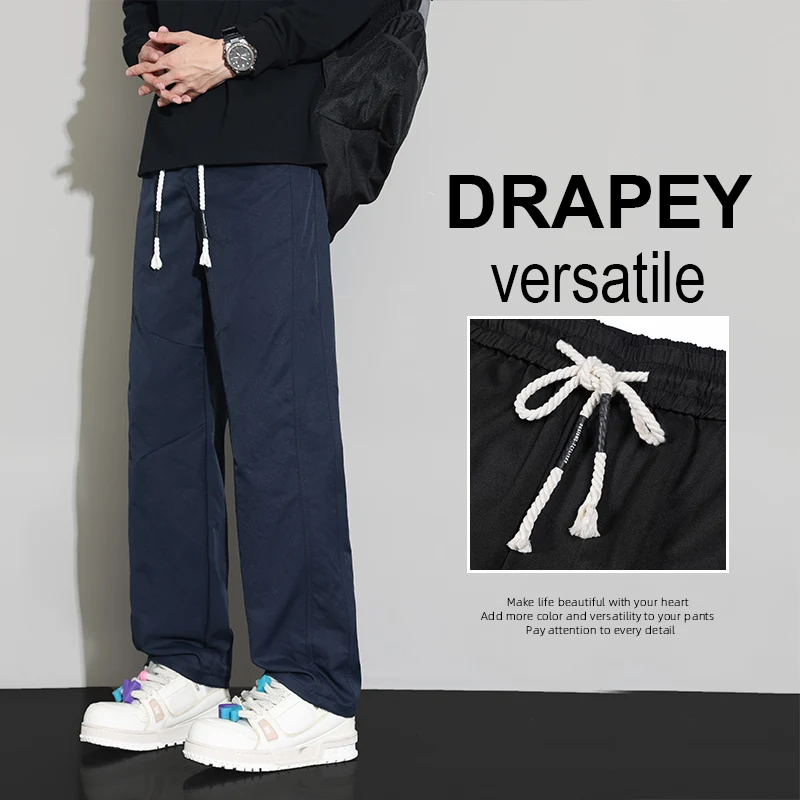 Pantalones de pierna ancha curvados de poliéster para hombre, Pantalones rectos cómodos y versátiles con diseño de cordón, Otoño e Invierno 2025, talla grande 5XL