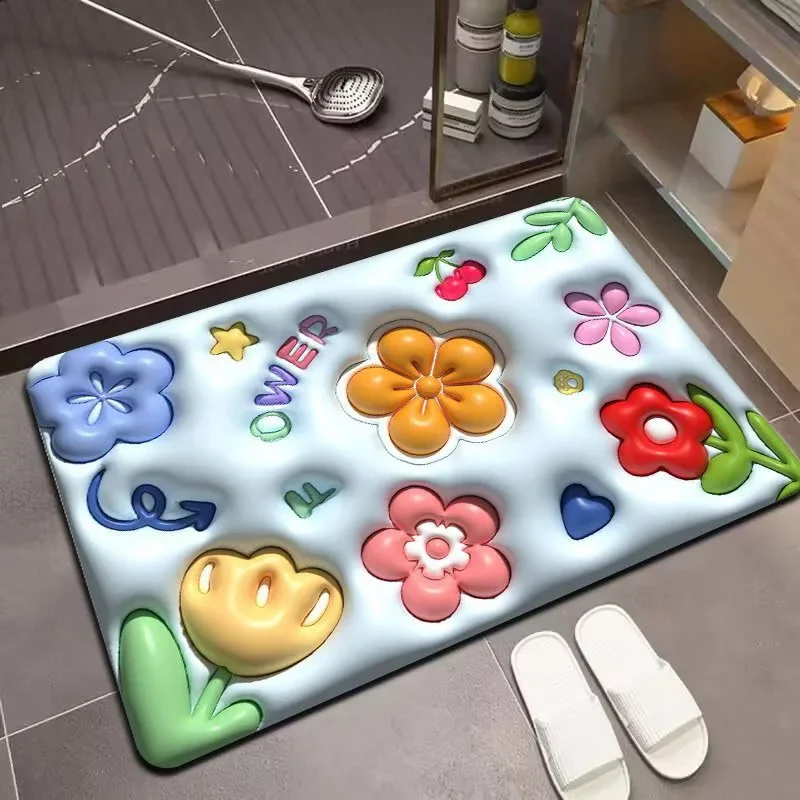 화장실용 매직 퀵 드라이 매트, 3D 플라워 패턴 규조토 매트, 부드러운 미끄럼 방지 매트, 빠른 흡수 목욕 매트