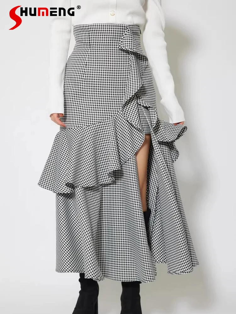 

Элегантная женская длинная юбка в японском стиле с рюшами и высоким разрезом, эластичная, с завышенной талией, универсальная, приталенная, А-силуэт, в клетку, 2026