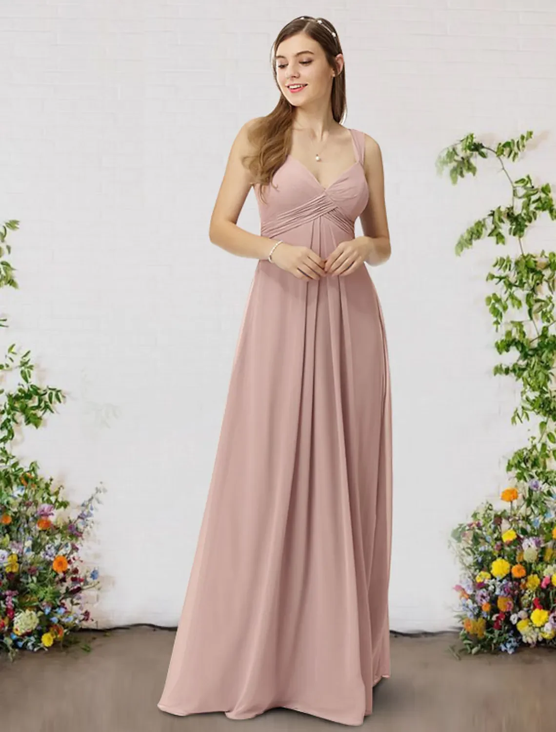 

A-Line Bridesmaid Dress V Neck Sleeveless Elegant Floor Length Chiffon with Pleats فستان Robe De Soirée Femme فساتين Vestidos