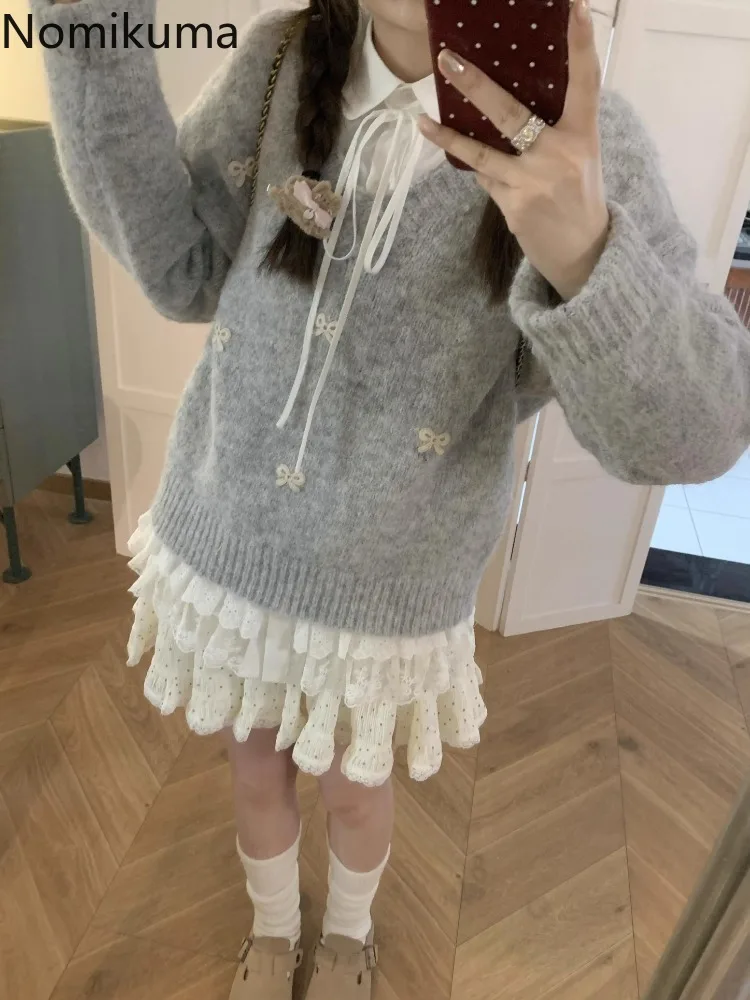 Sweet V-neck Sweater Women Japanese Jumper Bow Casual Fashion Sueter Mujer Preppy Style Knitting Pullovers 2024 Winter Clothes