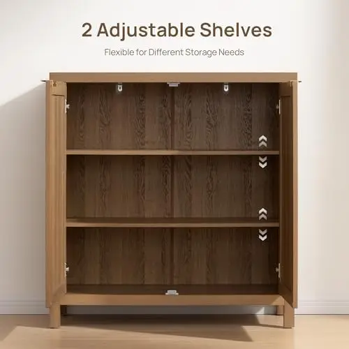 خزانة بوفيه جانبية من Boho Rattan مع أرفف قابلة للتعديل، وحدة تحكم مزرعة من خشب البلوط للمطبخ، غرفة المعيشة، المدخل، قطعتان #4