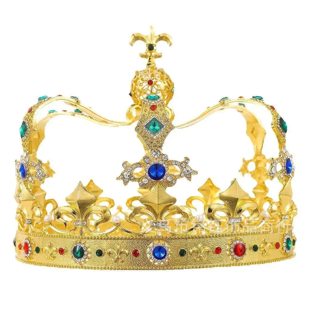 

Big Gold Medieval King Crowns Rhinestone Royal Tiaras Men Round Women Pageant Diadem Costume Cosplay Prom European Headpieces