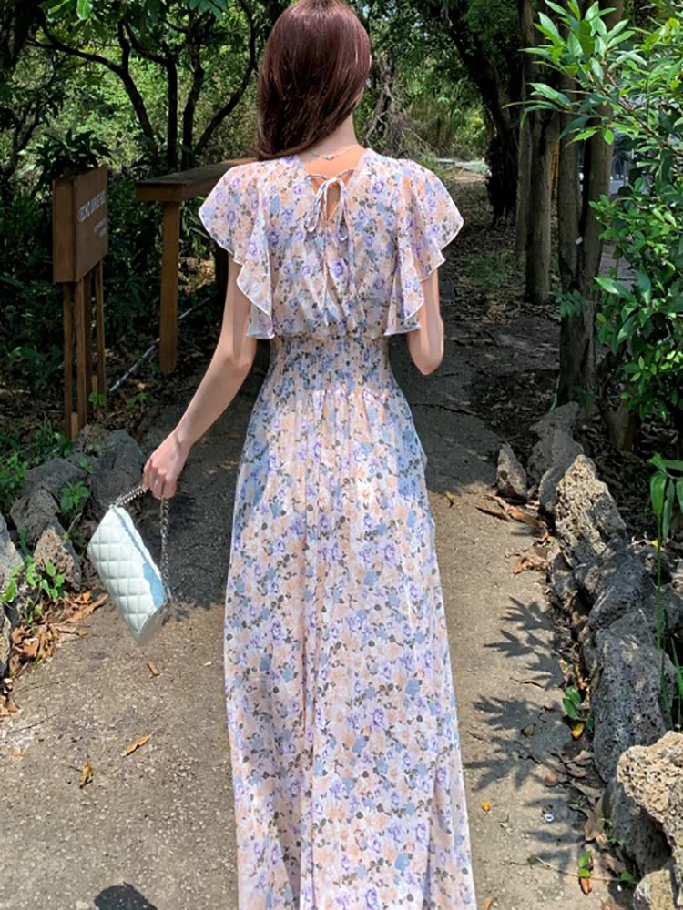 Vestido largo bohemio de gasa con volantes para mujer, traje elegante de estilo informal, estilo coreano, para fiesta de verano, 2024