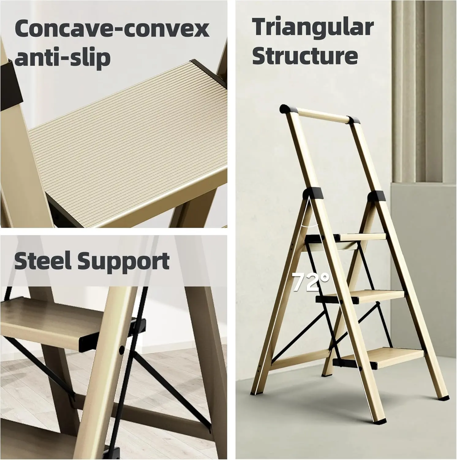 سلم ألومنيوم قابل للطي بثلاث خطوات مع مقبض يد، خفيف الوزن ومحمول للمنزل والمطبخ والمكتب والمرآب (ذهبي)