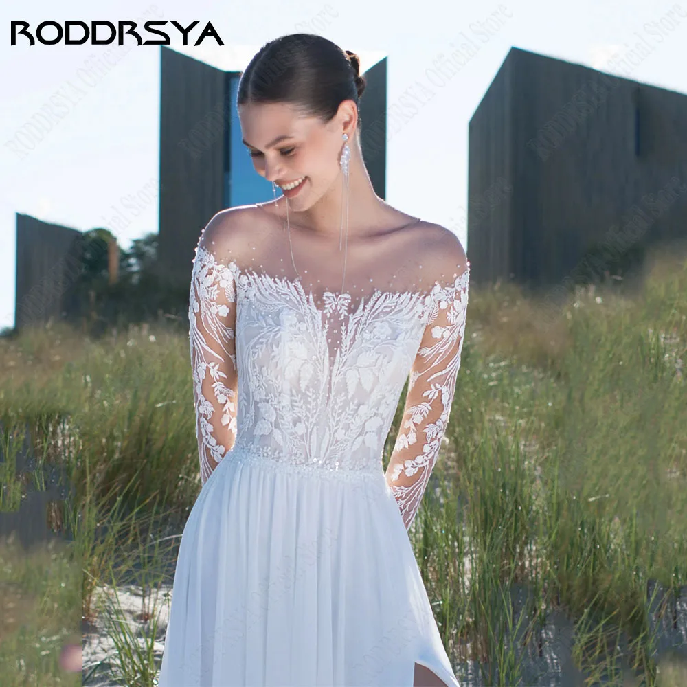 Roddrsya civil Sheer manga de encaje largo vestido de novia de RODDRSYA-vestido de novia de manga larga de encaje transparente, de línea a vestido de novia, gasa con abertura lateral, cuello redondo, Apliques de encaje