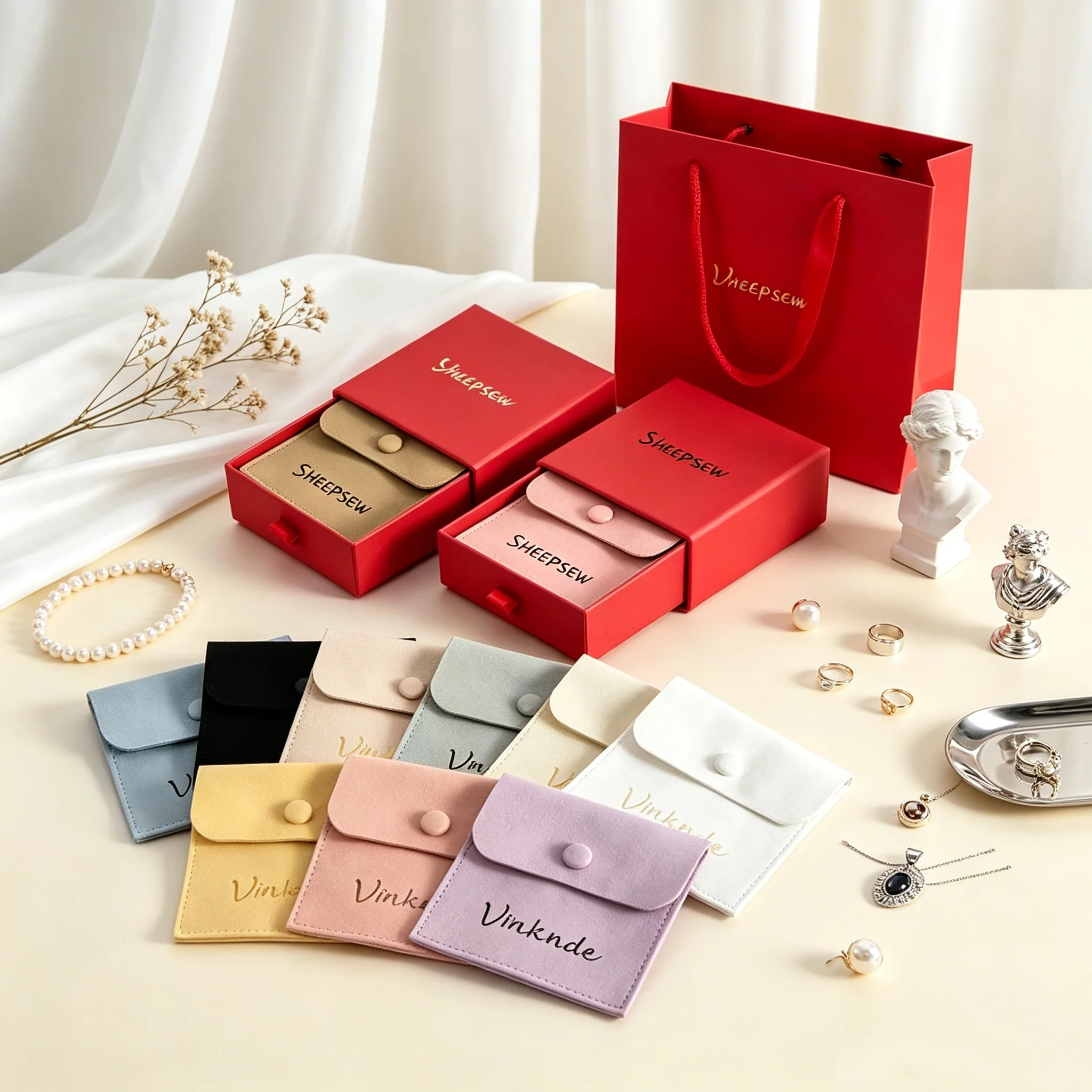 SHEEPSEW Custom Logo Cardboard Drawer Jewelry Gift Box, Microfiber Snap Pouch Packaging Box for Wedding Party Holiday Gifts, Fit