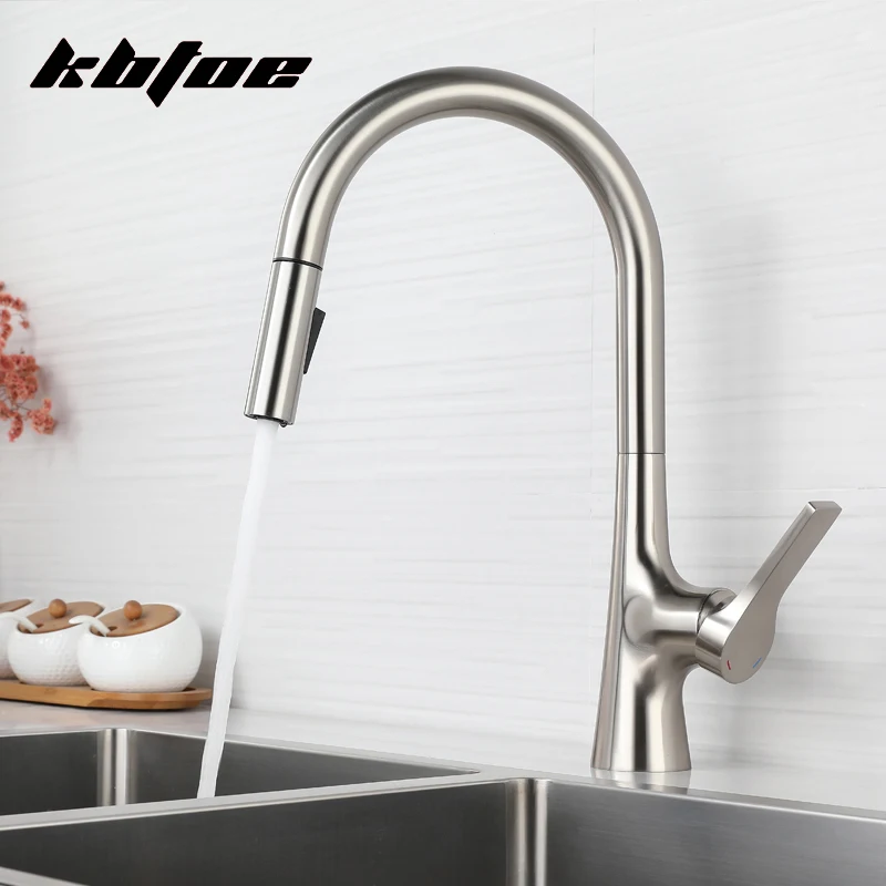 Brushed Nickel Pull Out Kitchen Faucet Deck Mounted Stream Sprayer Hot Cold Water Wash Sink Mixer Tap Brass 360 Rotation Crane