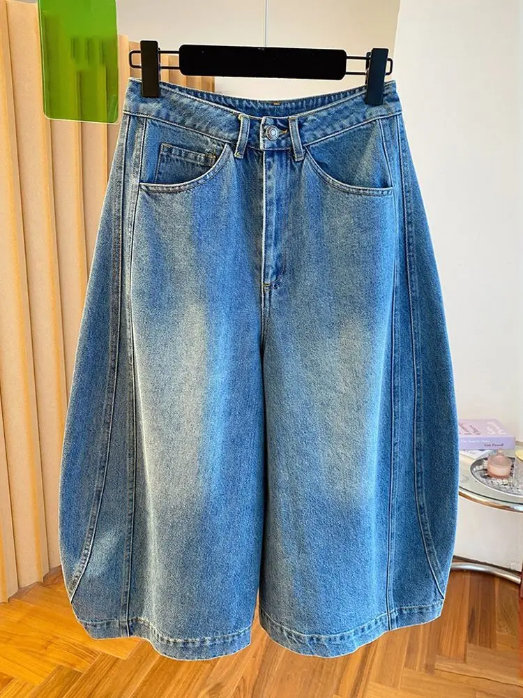 American Style Spring Summer Casual Wide Leg Jeans Light Blue Washed Denim Side Panel Seam Loose Cropped Balloon Pants