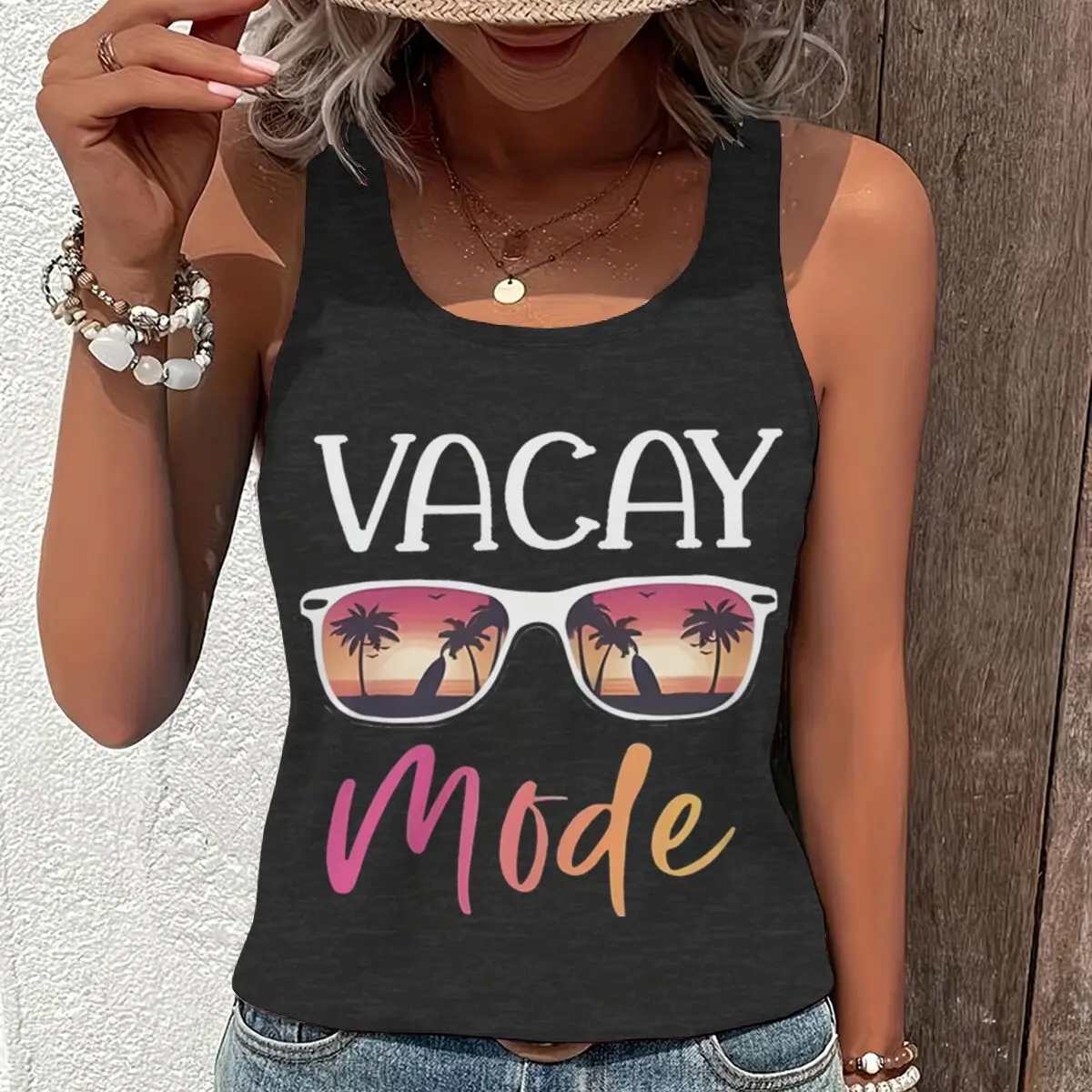 Women Vintage Vacay Mode Sunglasses Graphic Racerback Tank Top Summer Vacation Tropical Sunset Sleeveless Basic-Fit Vest