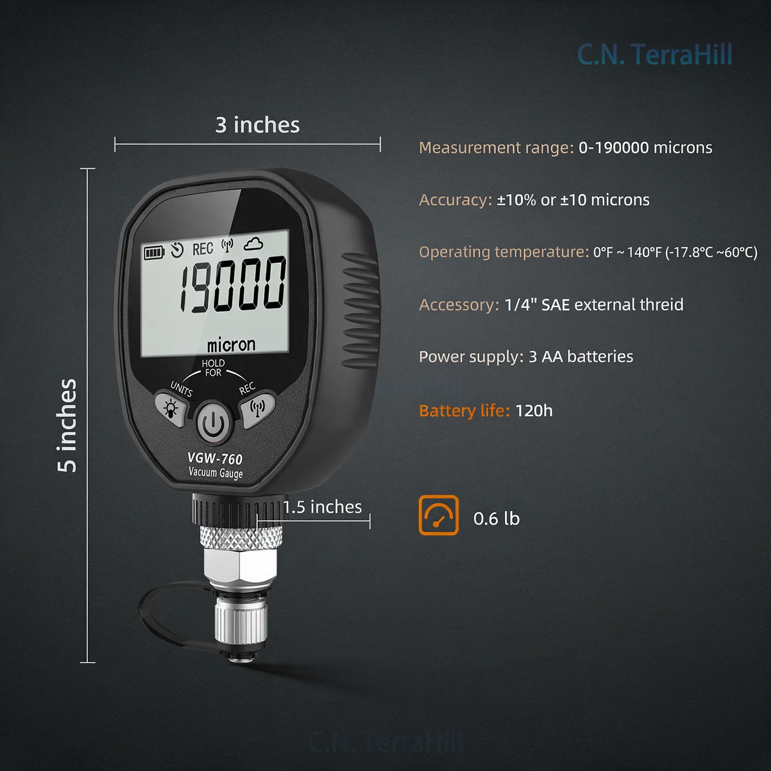 Wireless Digital Vacuum Gauge 0-19000 Micron HVAC Vacuum Gauge 1/4 SAE for Refrigeration and Air Conditioning Maintenance