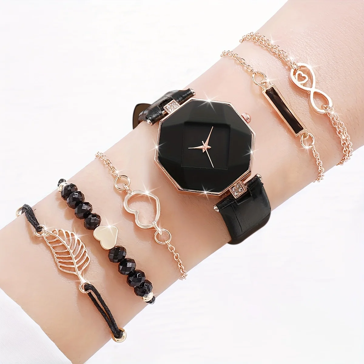 Conjunto de reloj y pulsera de polígono para mujer, reloj analógico de cuarzo informal con correa de cuero PU duradera, regalo perfecto para mamá, 6 piezas por juego