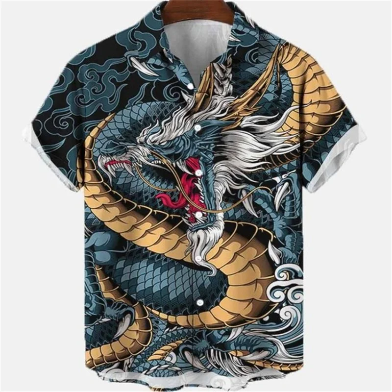 Summer Men\'s Dragon Pattern Element Shirt Social Casual Vintage Hawaiian Shirt 2023 New Oversize Short Sleeve Street Clothing