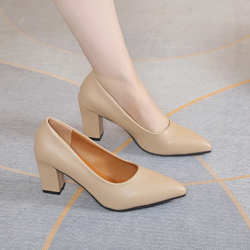 2024 Fashion Women's Single Shoes Pointed Toe Spring and Autumn Women's Comfortable Outerwear Slip-on Thick Heel Women's Shoes