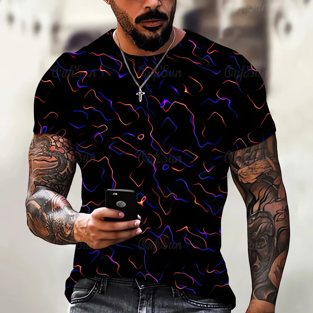 2024 summer new 3D printed lightning cool casual men's plus size T-shirt short sleeved top