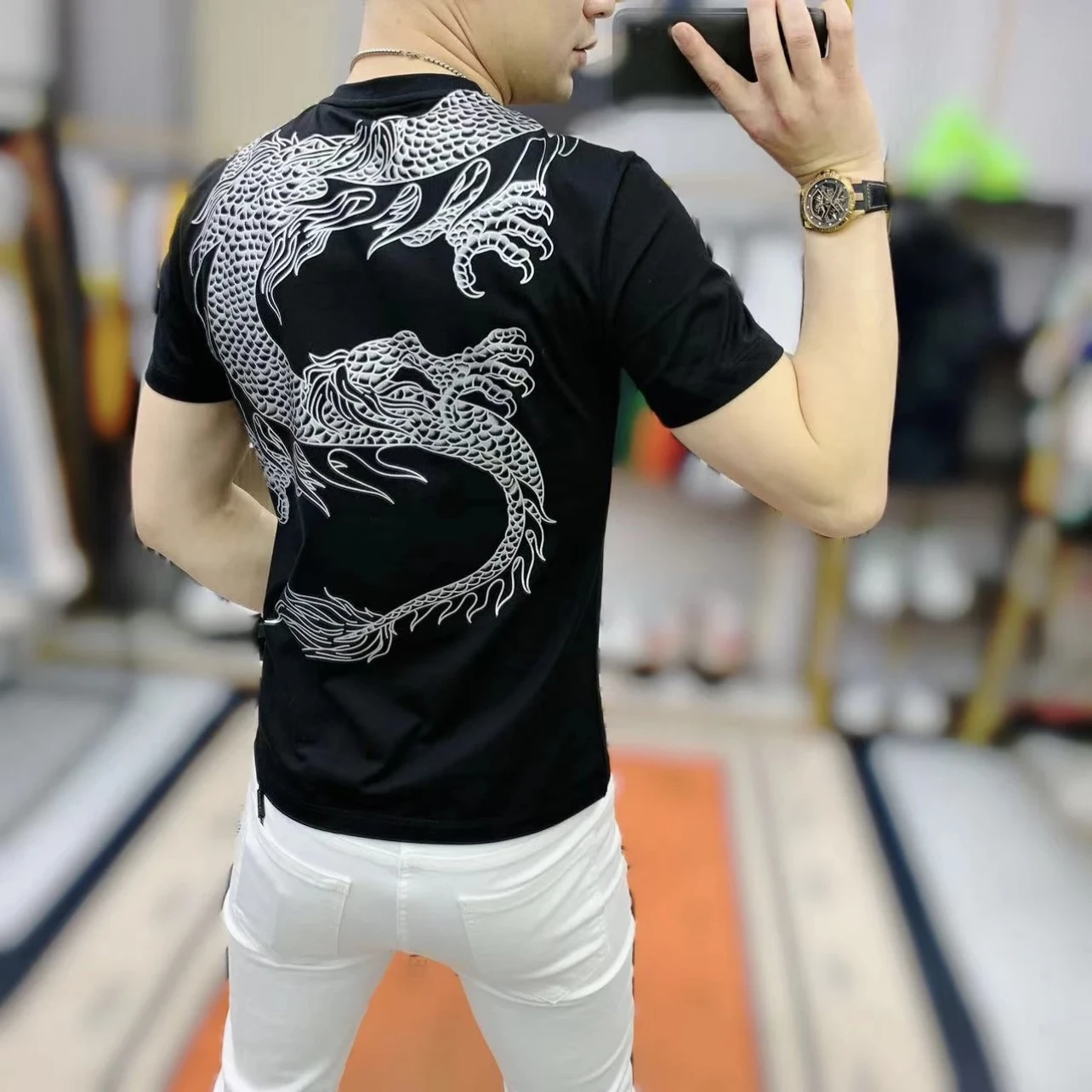 Chinese Style Dragon Printed Rhinestones T-shirts Men Short Sleeve Slim Fit T-shirts Round Neck Social Streetwear Tee Tops M-4XL