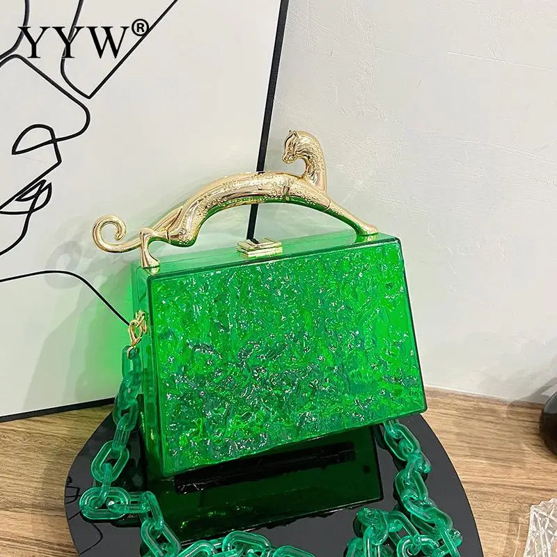 New Acrylic Box Handbags Transparent Women Fashion DesignerLeopard Short Handle Luxury Evening Party Bags Chain Crossbody Bag