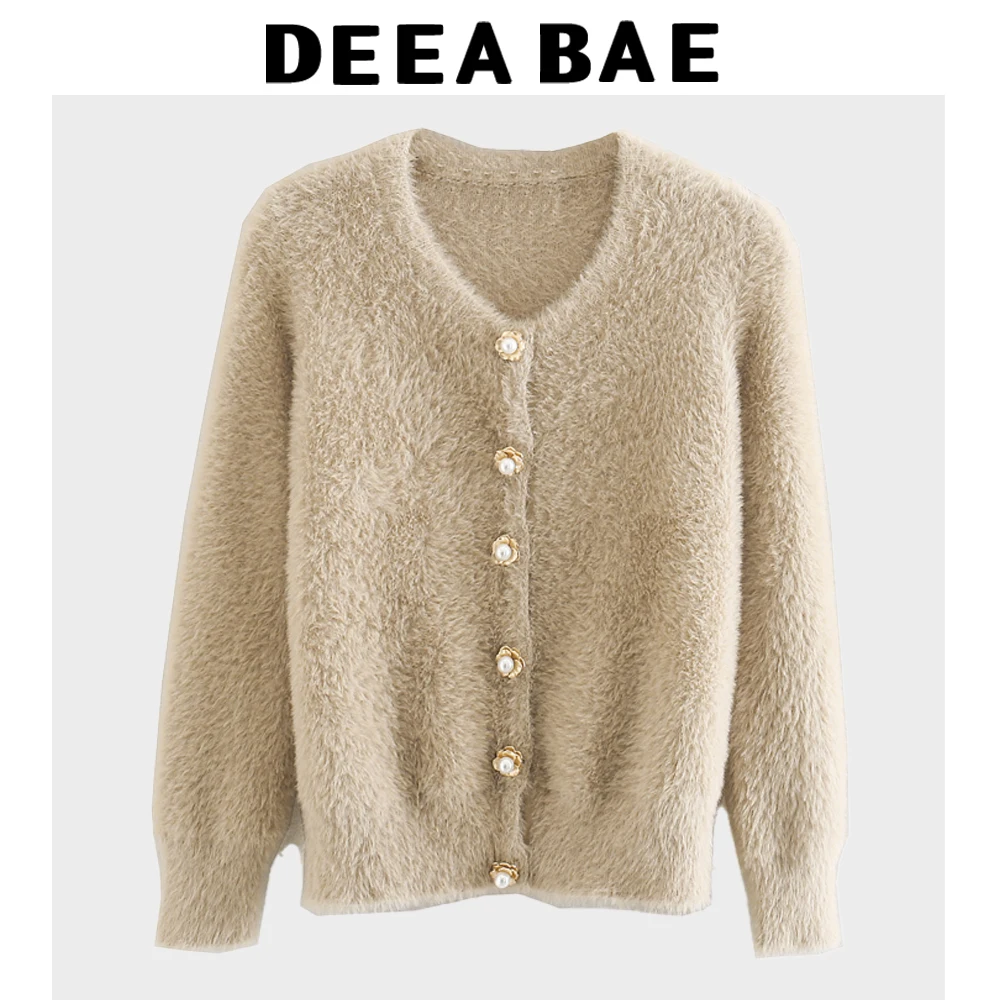 DEEABAE korean Dongdaemun 2025 Sweet And Fashionable Temperament Faux Fur Effect Pearl Decoration Knitwear Cardigan