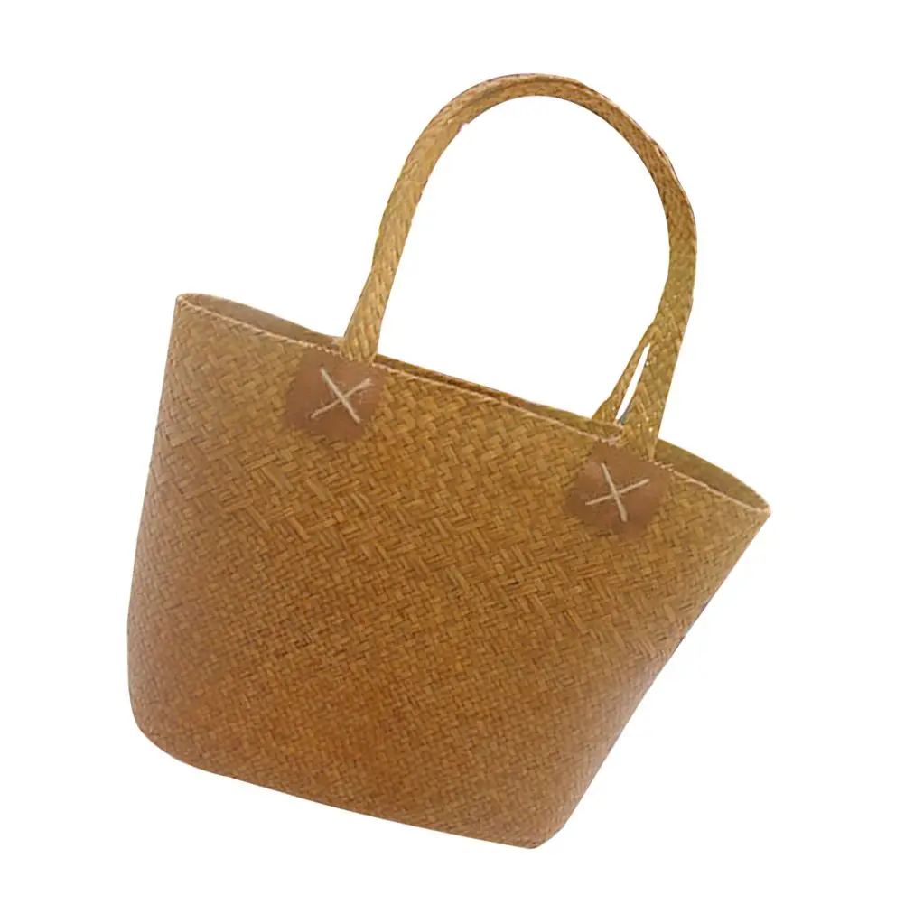 

Seaweed Woven Flower Basket Light Brown Shopping Grocery Tote Home Handbags Straw Handbag Women Summer Beach Bag Large Capacity