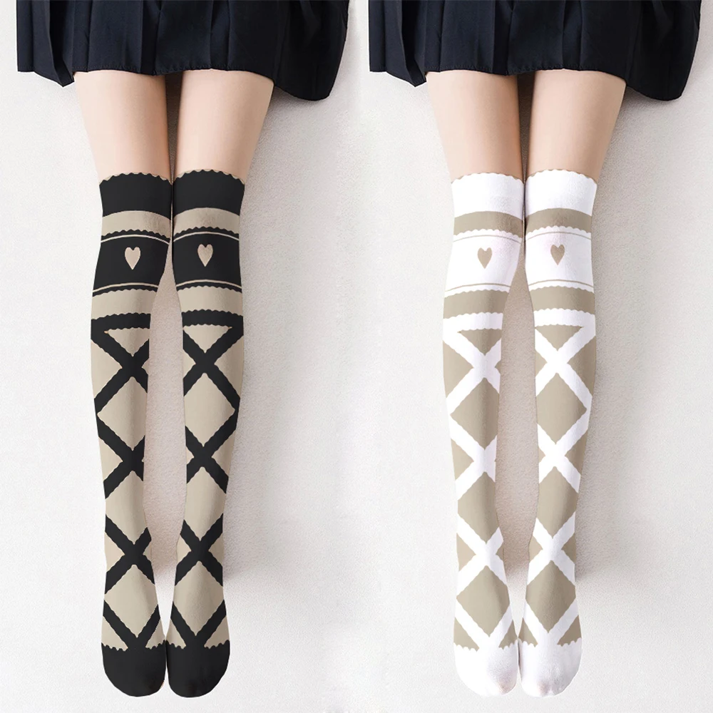 

Ribbon Humanoid Lolita Socks Long Tube Over The Knee Sexy Thigh Stockings Two-Dimensional Love Print Halloween Stockings Women