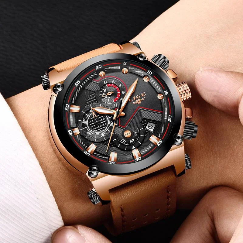 LIGE Quartz Men\'s Watches Top Brand Luxury Casual Sport Man Watch Leather Strap Military Waterproof Wristwatches Calendar Clock