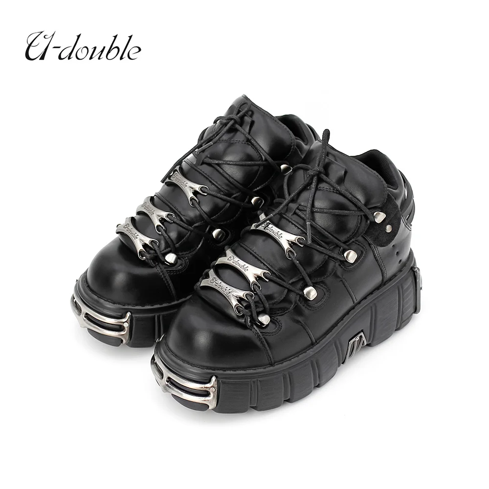 

U-DOUBLE Brand Punk Style Women Shoes Lace-up heel height 6CM Platform Shoes Woman Gothic Ankle Boots Metal Decor Woman Sneakers