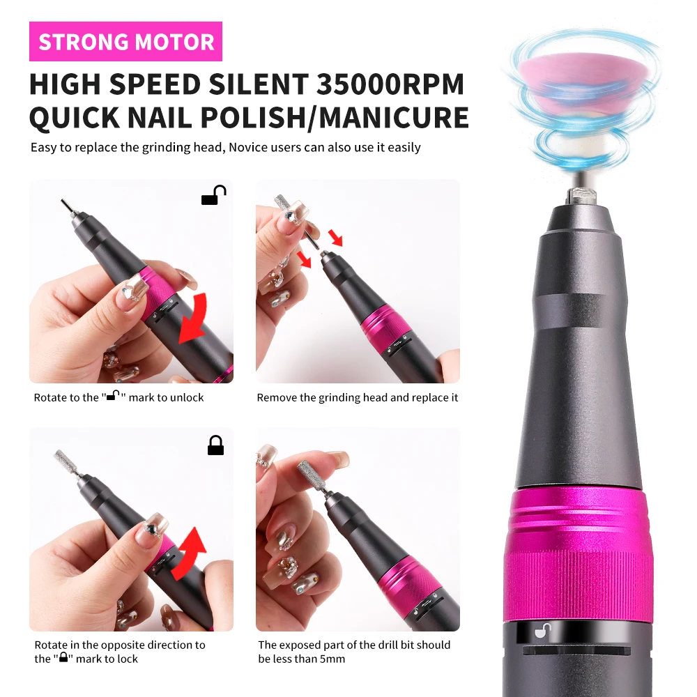 充電式ネイルアートドリル,LCDスクリーン付き,低ノイズ,マニキュアファイル,ジェルポリッシュ,サロンツールに適しています,35000rpm