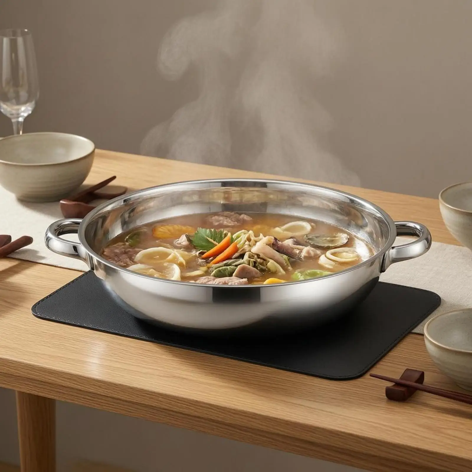 Round Dual Compartment Cookware Stainless Steel Hot Pot with Handles for Induction Stove Top Family Meal Use