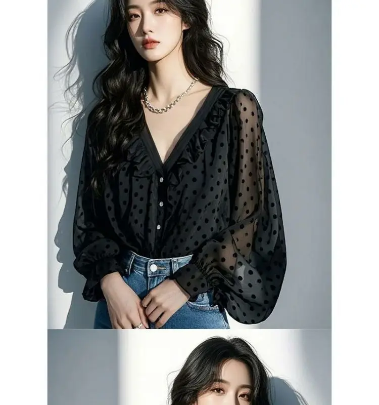水玉セクシーな黒シフォンブラウスフリル V ネックボタンアップシャツランタンスリーブルーズエレガントなオフィスレディニッチトップスファッション