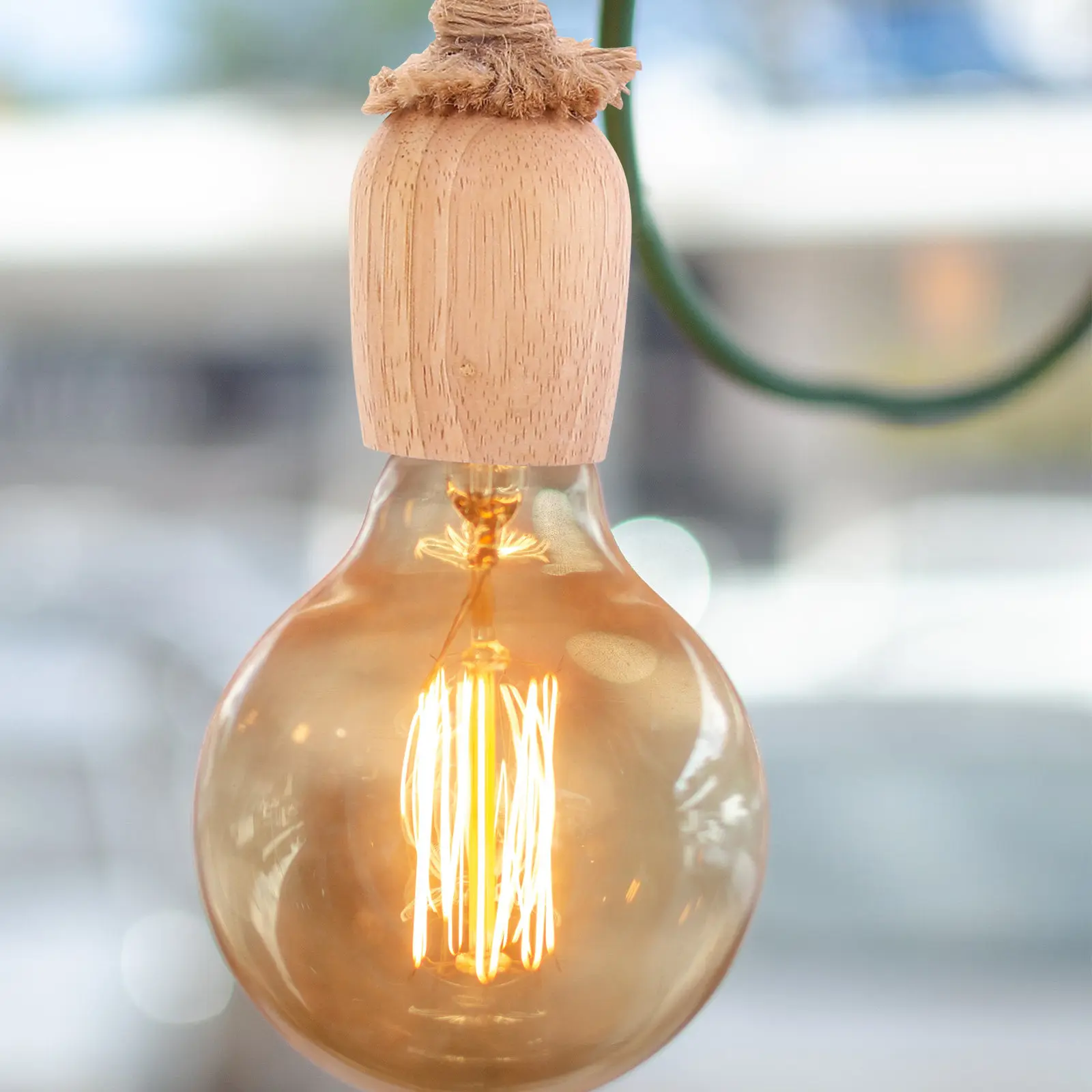 Pendant Light Cord Rustic Wooden Art Hemp Rope Round Bulb Socket Hanging Light Cord Living Room Dining Room Bedroom Lighting