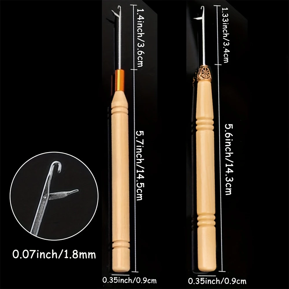 2PC/set Wooden Handle Crochet Hook Needle for Hair Extension wigs tool Stainless Steel Hook Hair salon gadget Knitting Accessory