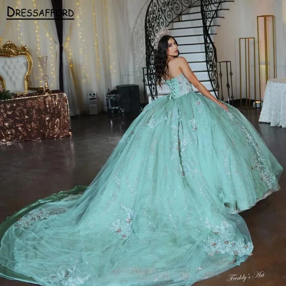 

Mint Green Quinceanera Dresses Ball Gown 2023 Sweet Sixteen Dress Sequin Appliques Wedding Gowns