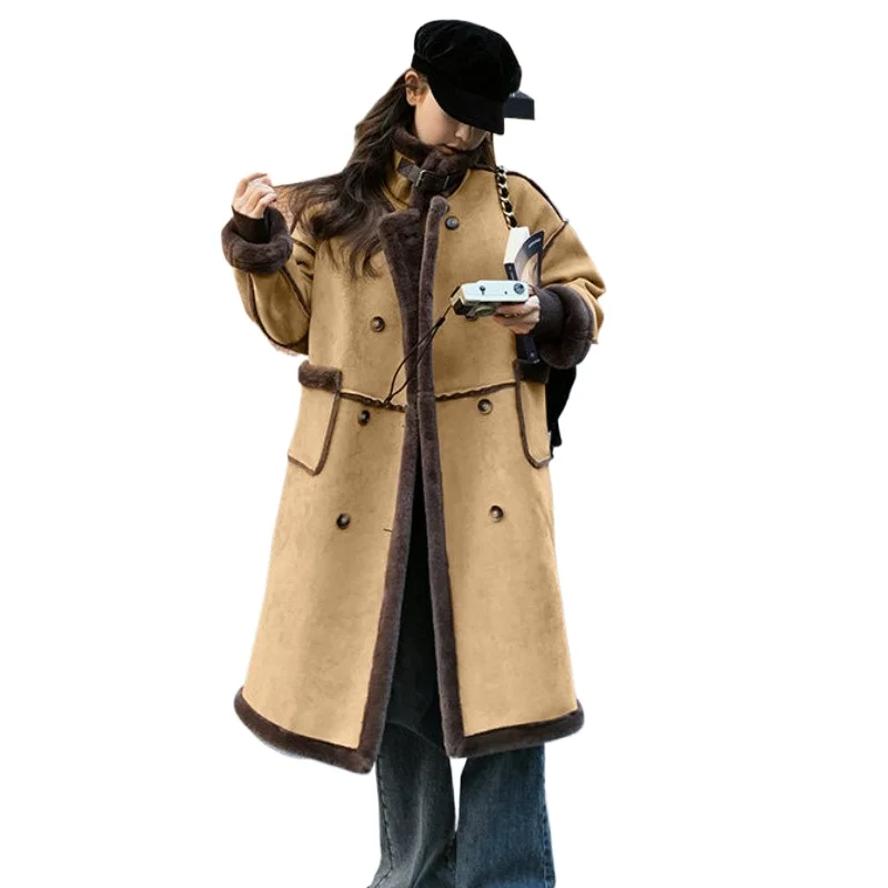 

Womens Lambskin Trench Coat Winter Warm Fleece-lined Thicken New Fur One-piece Deer Skin Overcoat Double-breasted Pockets Jacket