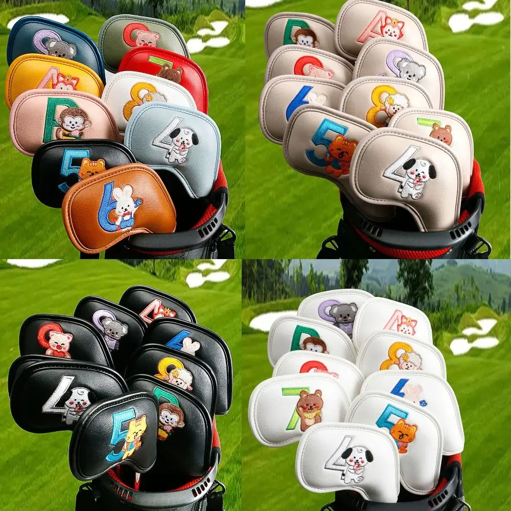 

9PCS Embroidered Patten Golfs Head Cover Set Waterproof PU Golf Club Head Cover Cartoon Double Sided Digits Golf Iron Covers Set