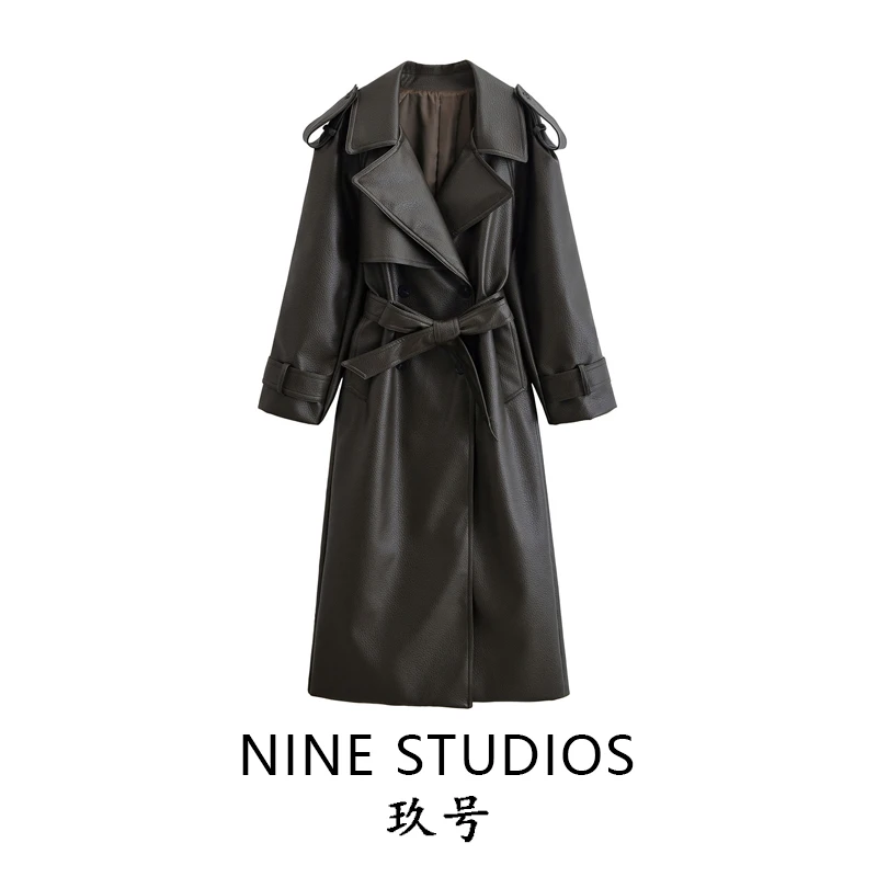 

NINE ZAR Women's PU Leather Litchi Pattern Coat with Belt Notch Collar Long Sve Commuter Sle Mid-Length Double-Breasted