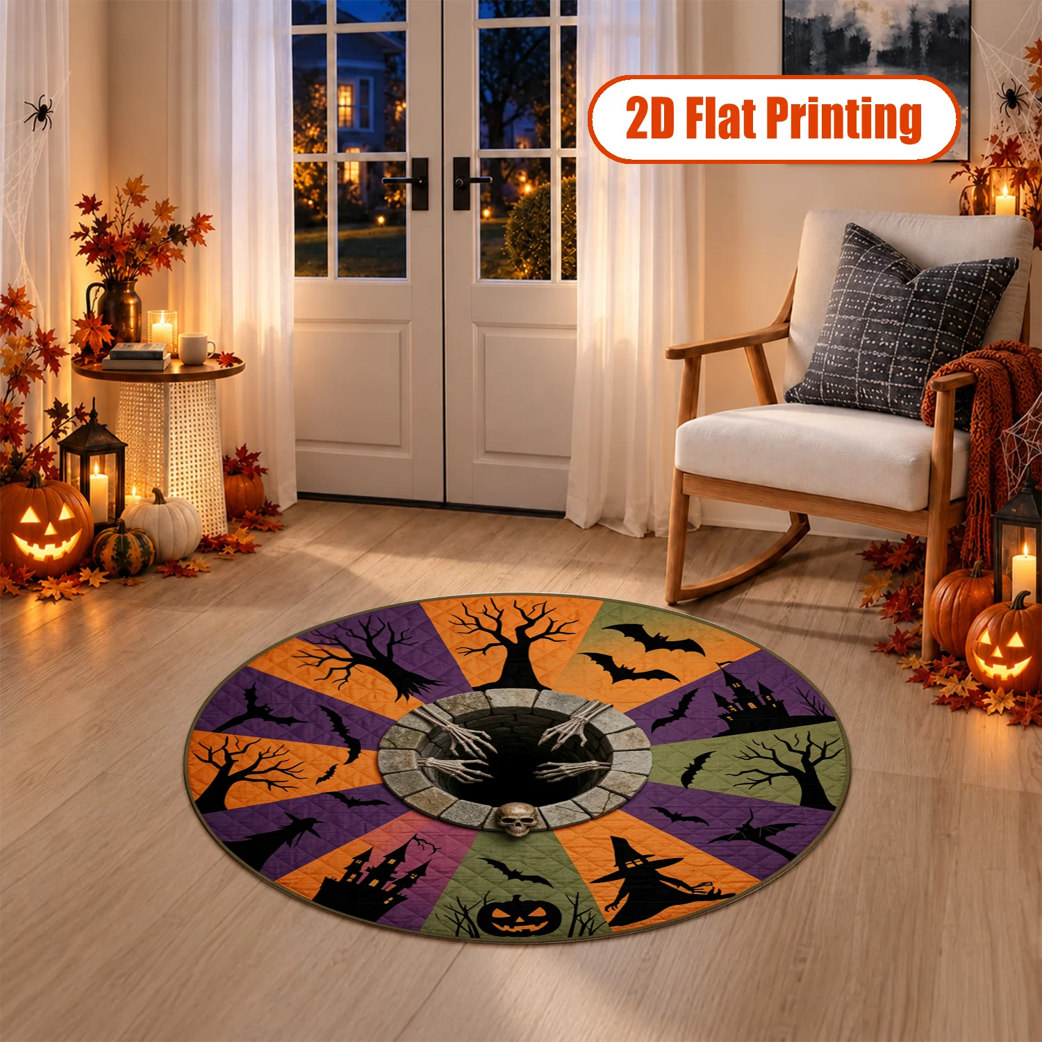 Spooky Halloween Bat Witch Jack-o'-lantern Haunted House Skeleton Design Round Velvet Table Mat, Machine Washable, Ideal for Dining Table, Living Room, Home Party, Perfect for Halloween, Thanksgiving, Black Friday, Christmas, New Year Decor