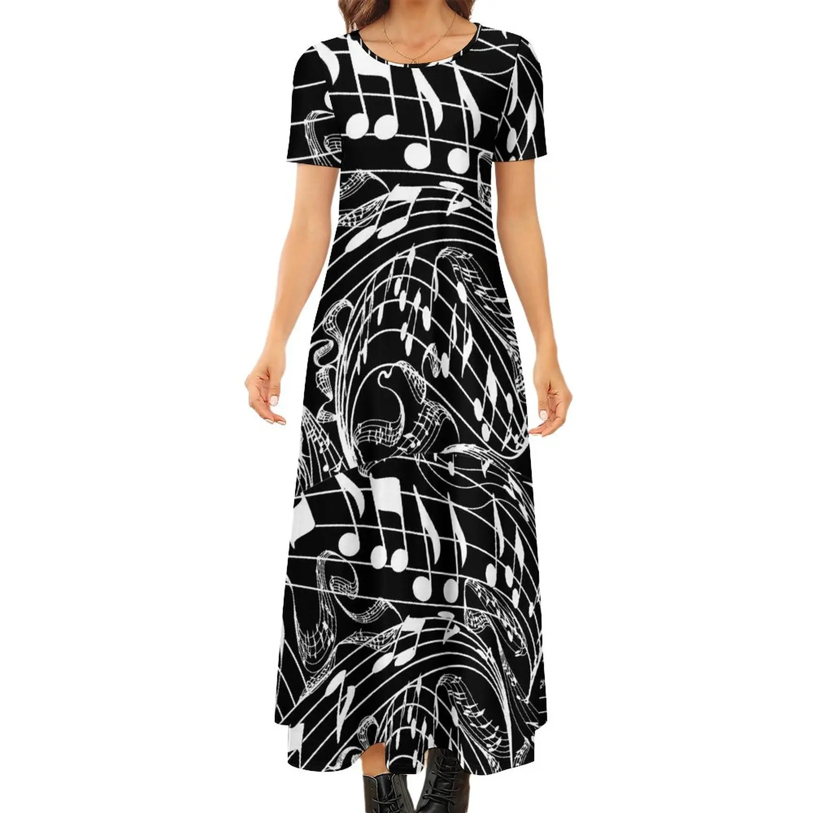 Music Notes Dress Short Sleeve Black White Streetwear Maxi Dresses Pretty Bodycon Dress Women Printed Oversize Vestidos