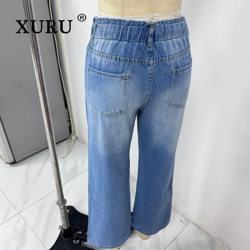 XURU - New Women's High Elasticity Waist Horn Jeans, Y2k Clothing Loose Light Blue Wide Leg Long Jeans, Men's Pants