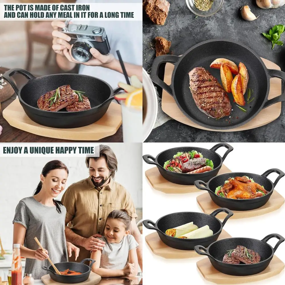 

4-Piece Mini Cast Iron Skillet Set with Wooden Base, 6.3 Small Round Pan for Baking and Cooking