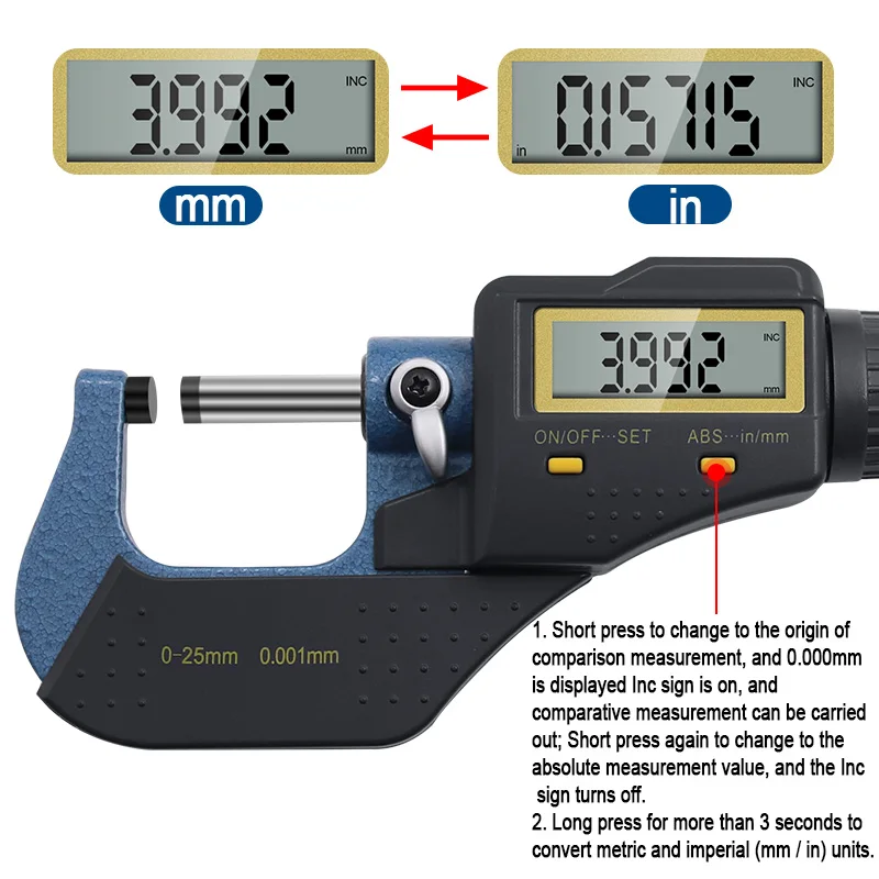 0-25mm 0.001mm Steel Electronic Outside Digital Micrometer Screw Large LCD Screen Digital Vernier Micrometer Caliper Gauge