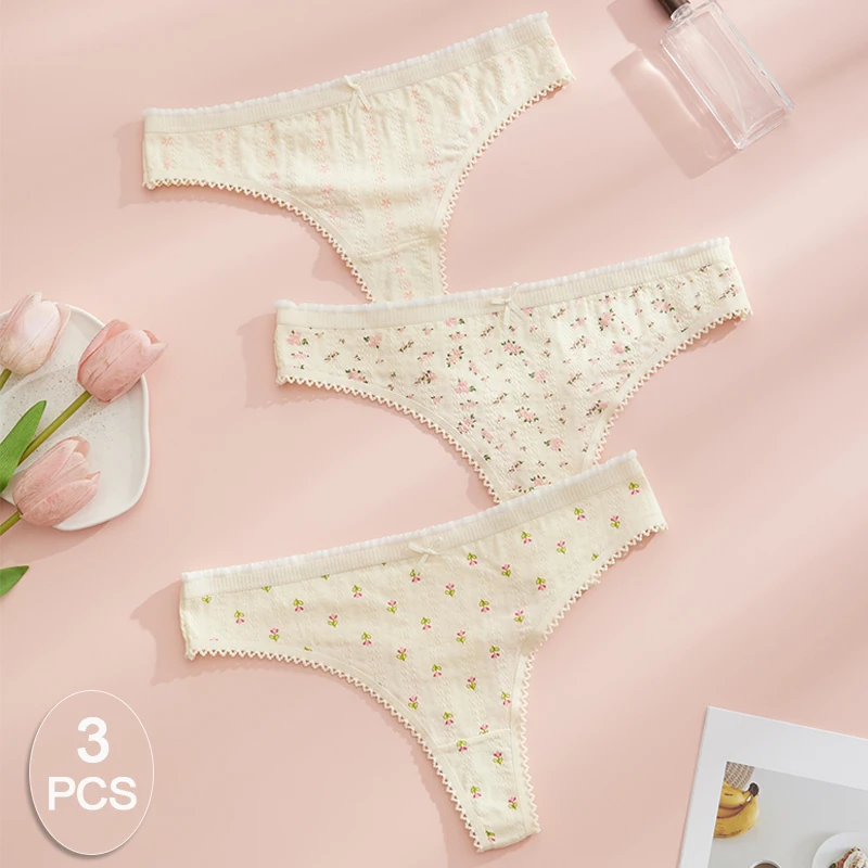 3pcs Fashion Cute Print Panties For Women Thongs Cotton Spring Summer Soft Lingeries Sexy Hot Bow Women'S Thong
